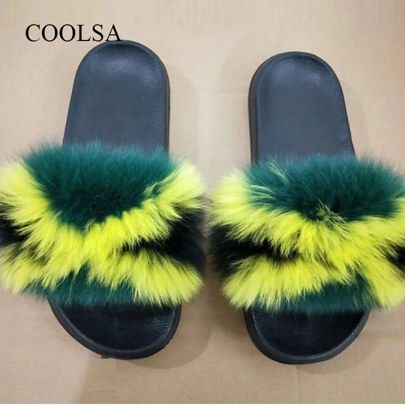 

2019 Fashion Women's Push Fur Slippers Cute Furry Real Fox Fur Slides Fluffy Colourful Beach Flip Flops Travel Portable Shoes