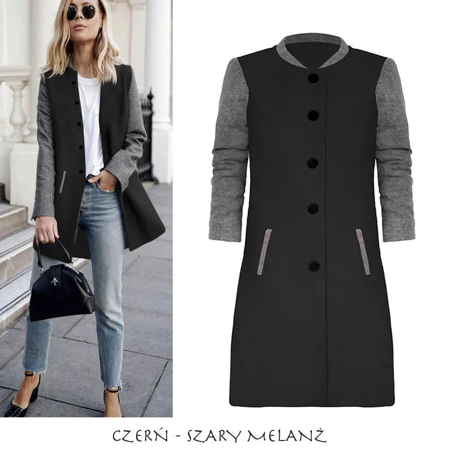 

New Autumn Long Coat Women Stand Collar Button Pocket Overcoat Female Casual Patchwork Outerwear
