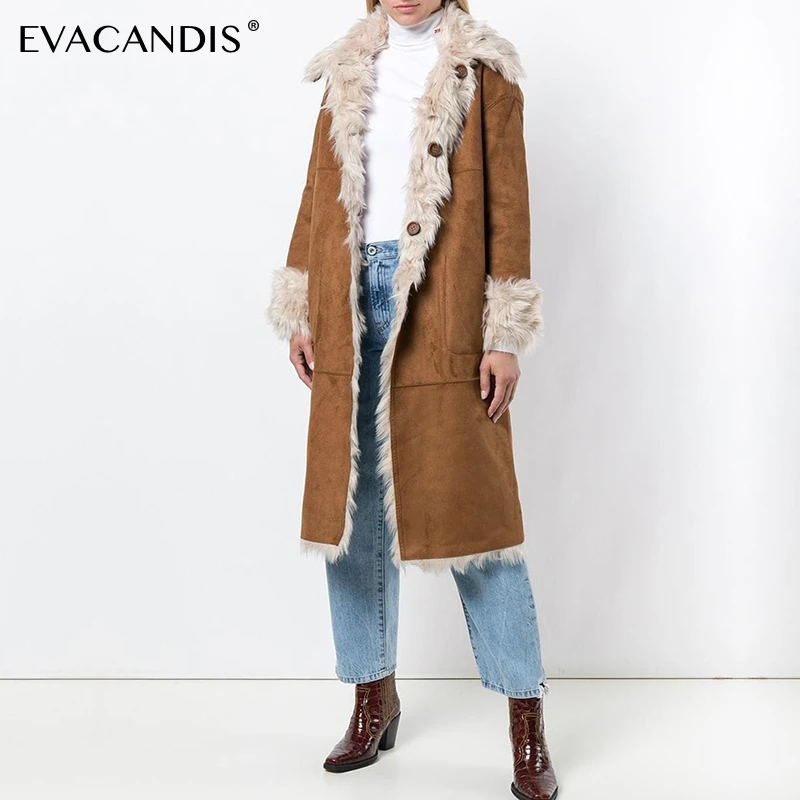 

Khaki Fur Chamois Leather Winter Warm Thick Wool Coat Long Single Breasted Overcoat Jacket Plush Soft Designer Outwear 2018