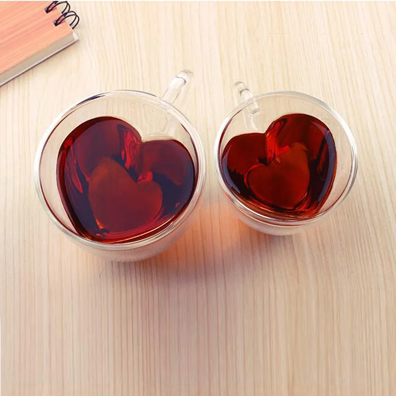 

180ml/240ml Heart Love Shaped Double Wall Glass Mug Milk Lemon Juice Coffee Cup Drinkware Heat Insulation Glass Mug Lover Gift