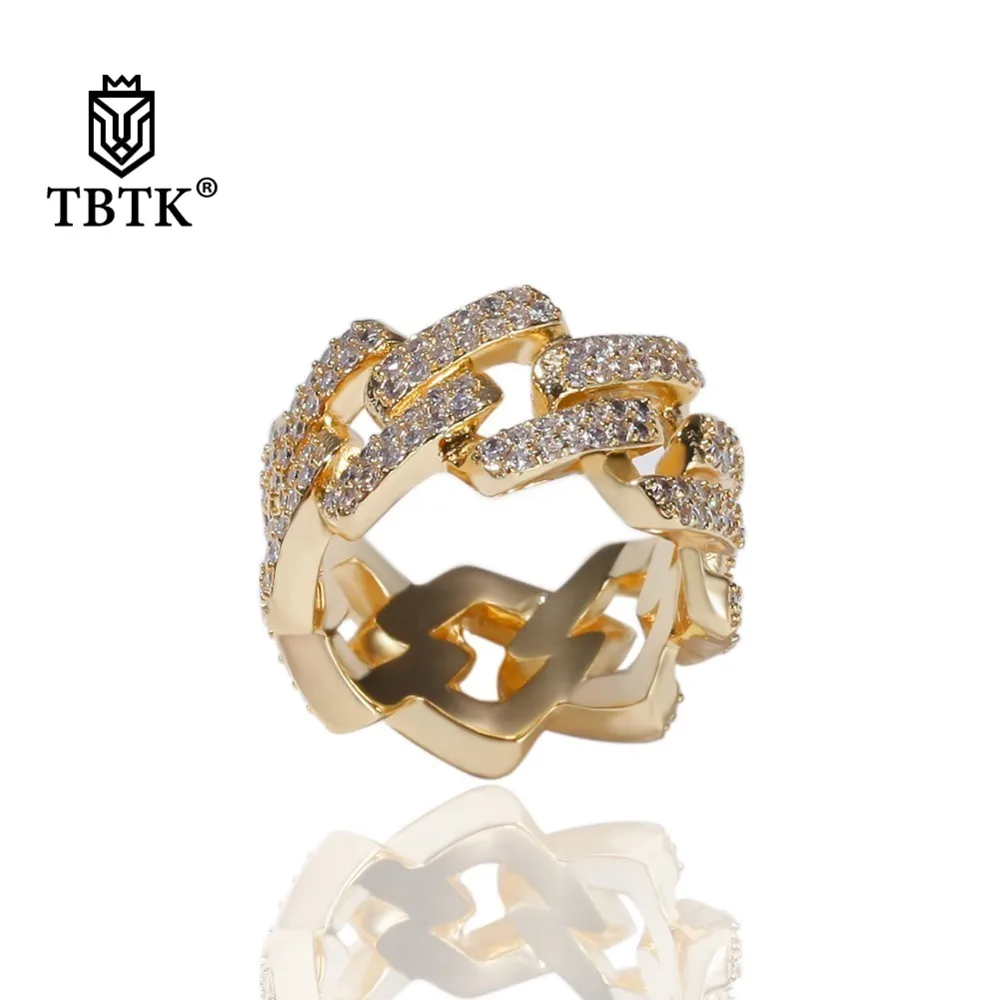 

TBTK 2 Rows 14mm Width Fashion Gold Iced Out Ring CZ Geometric Square Cuban Link Rings Luxury Jewelry Charms Hiphop Men