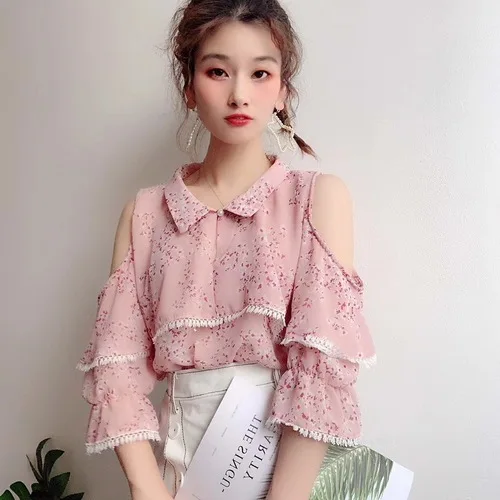 light pink shirt Korobov корейский принт с открытыми плечами Шифоновая Блузка Короткие рукава-фонарики Turn-Down воротник Blusas Sweet Tassel рубашка с оборками 78077 - Цвет: light pink shirt