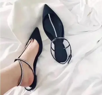 

Hot Women Black Pumps Gladiator Suede Crystal Embellished T-strap Shoes Women Pointed Toe Buckle Strap Sexy Women Pumps