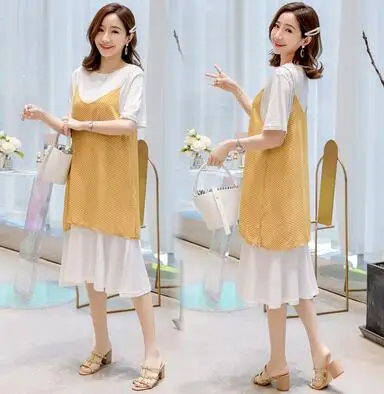 Yellow Летнее платье с коротким рукавом для беременных, костюмы, футболки с коротким рукавом+ ремень в горошек, платье на бретелях для беременных женщин, комплект из двух предметов - Цвет: Yellow