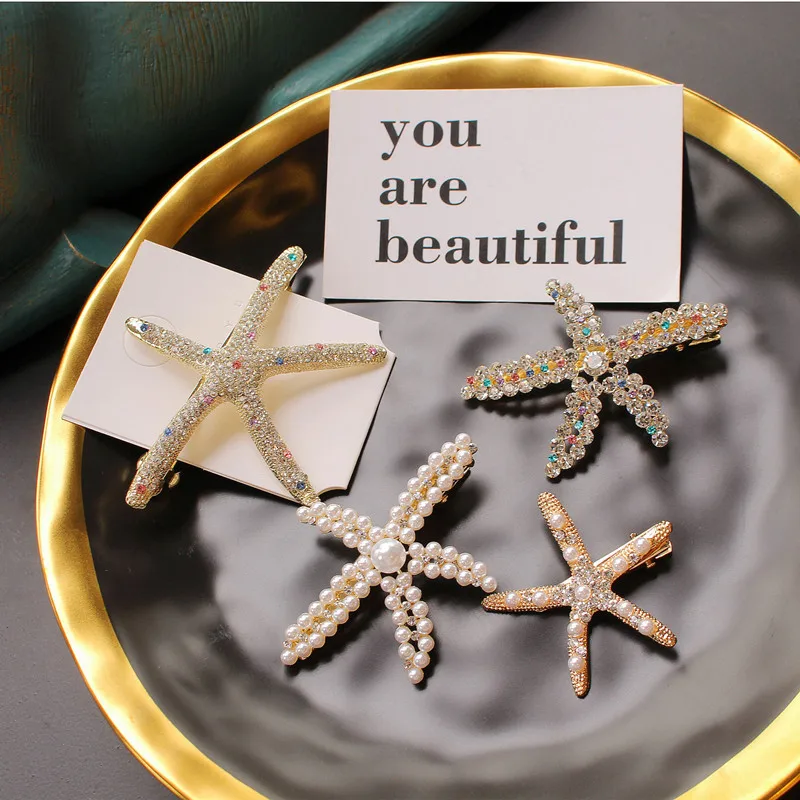 

Luxury Full Rhinestone Crystal Big Starfish Hair Clips Brooches For Women Girls Hair Accessories Imitation Pearl Hairpins Gifts