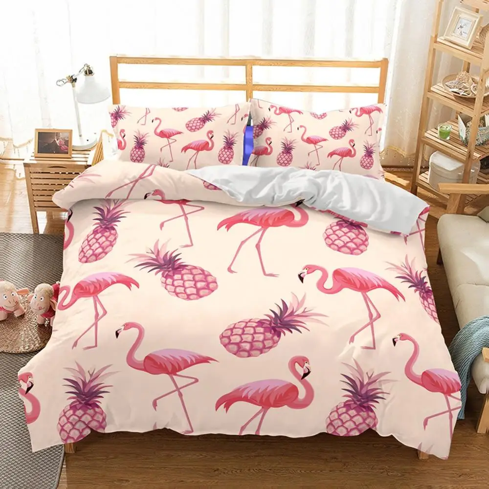 

Cartoon Pink Flamingo Bedding Sets 2/3pcs Tropical Fruit Pineapple Pattern Bed Linen Set Duvet Cover Set Pillowcases Cover Set