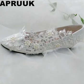 

2018 new design silver sequins lace white wedding shoes woman flat heel round toes pearls brides shoes plus size ballet flats