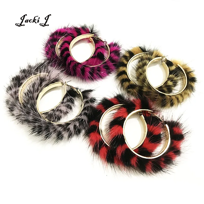 

50MM Zebra Print Mink Fur Hoop Earring Animal Print Real Fur Round Circle Earrings for Women Brincos Fashion Jewelry PD003