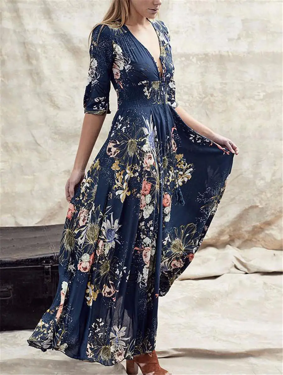 Gladiolus 2019 Spring Summer Dress Women 34 Sleeve V Neck Sexy Floral Print Bohemian Women Maxi Dress Long Beach Ladies Dresses (75)