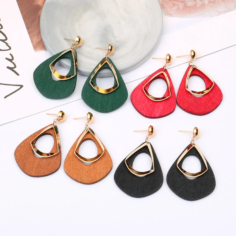 

Fashion Woman's jewelry 4 color wooden drop earrings metal pendant big earrings geometric earrings for women jewelry P462-P465