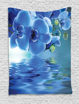 

Flower Decor Tapestry Orchids Asian Natural Flowers Reflections on Water for Spring Time Relaxing Print, Wall Hanging