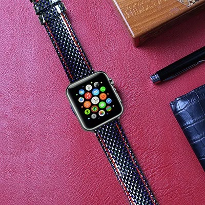 Для Apple Watch Series 4 iWatch ремешок из настоящего углеродного волокна ремешки для часов Apple Watch Series 1 2 3 Leahter браслет 38-42-40-44мм - Цвет ремешка: Blue-red line