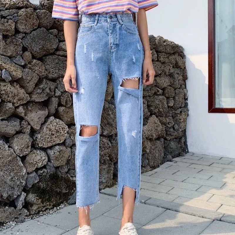

Blue High Waist Jeans Woman New Korean Straight Irregular Hem Denim Pants Female Vintage Hole Ankle-length Jean Pants Women