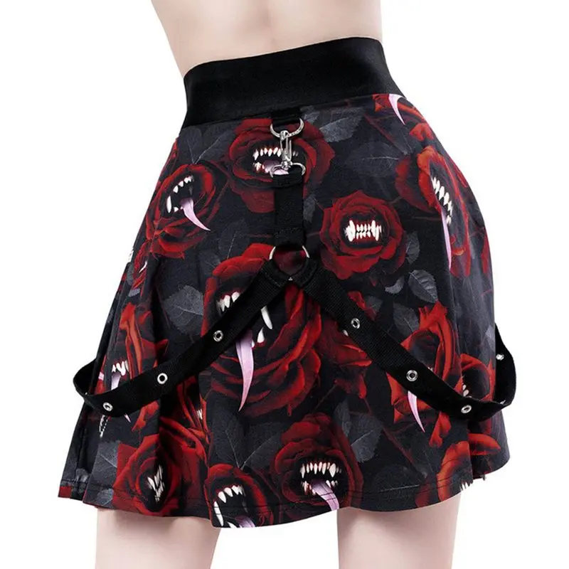 Punk Streetwear Women Mini Skirt New Fashion Devil Print Cool Gothic Suspender Casual Summer Elastic High Waist Skirts Girl