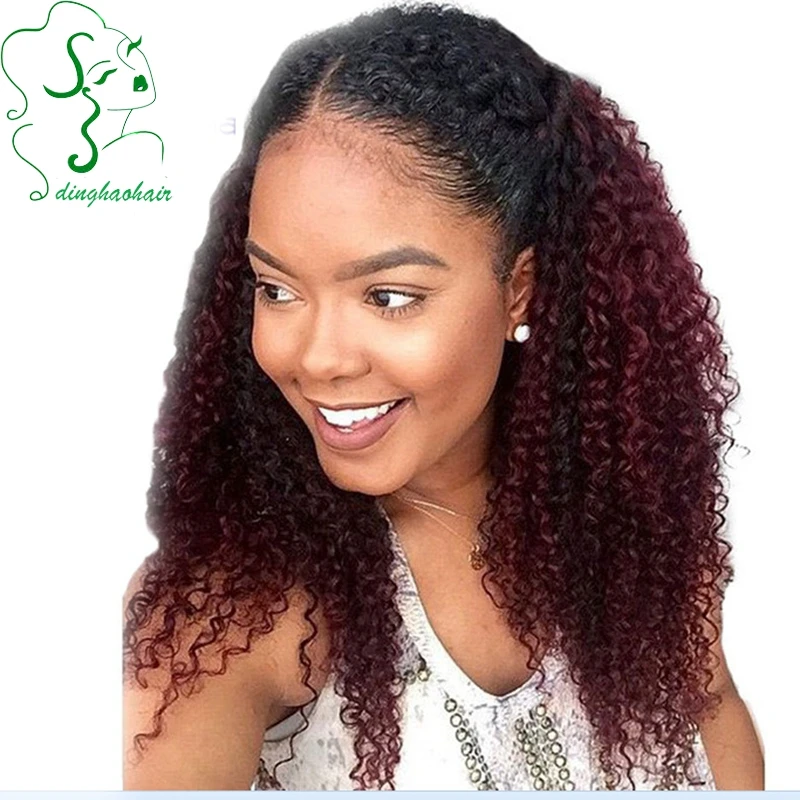 

1B 99j/Burgundy Kinky Curly African American Human Hair Wig 130 Density Two Tone Glueless Ombre Lace Feont Wig For Black Woman