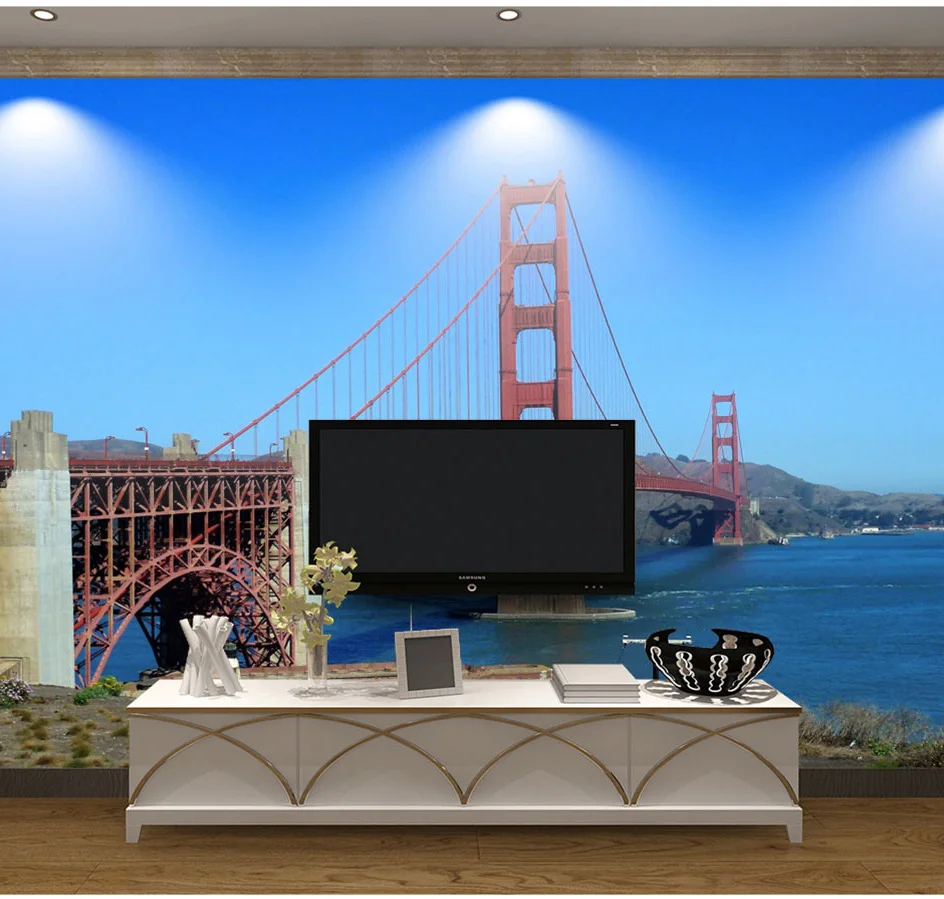 Custom Nature Red Bridge Sea 3d Wallpaper Murals for Living Room TV