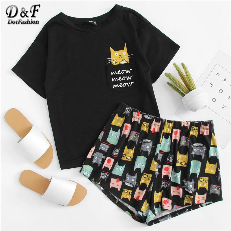 

Dotfashion Cat Print Tee & Shorts PJ Set 2019 Summer New Woman Short Sleeve Preppy Nightwear Letter Print Pajama Set With Pocket