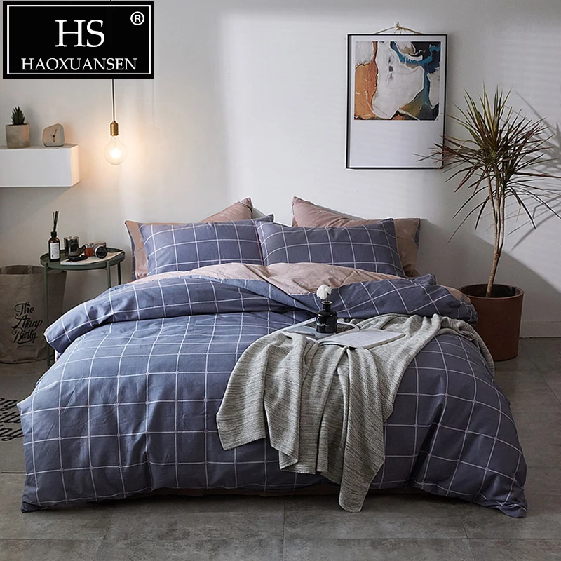 

HS Light Blue Plaid Stripes Print 3/4pcs Bedding Sets British Style 100% Cotton Bed Linen Set King Queen Twin Size Bed Set