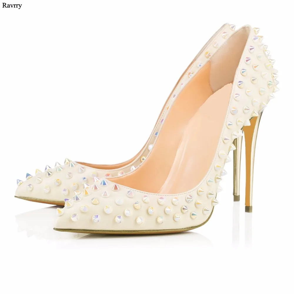 

Ravryy Bling Rivet Pointed Toe Sitletto Heels Hot Selling Women Dress Slip-On Pumps European Style Studded Fahion Thin High Heel