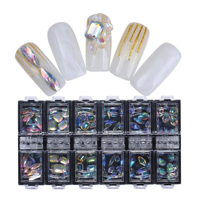 12 коробок/Набор 3D красивый дизайн ногтей прозрачный кристалл смешанный размер женские ногти Советы наклейки украшение с контейнер для хранения