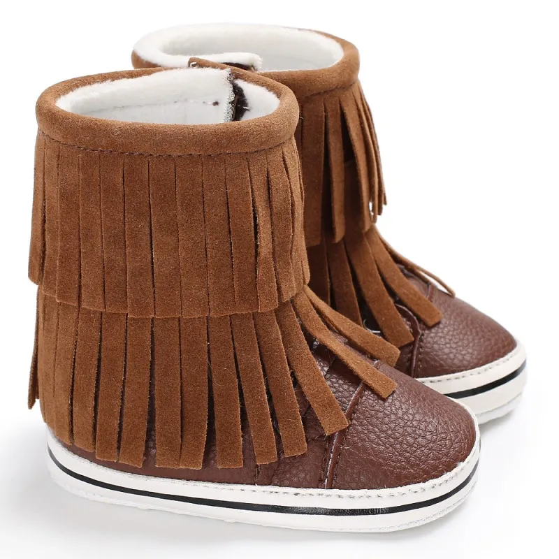 Детские зимние PU кожаные сапоги супер Утепленная одежда Обувь мода бахромой новорожденных детей Обувь для девочек Обувь для мальчиков на