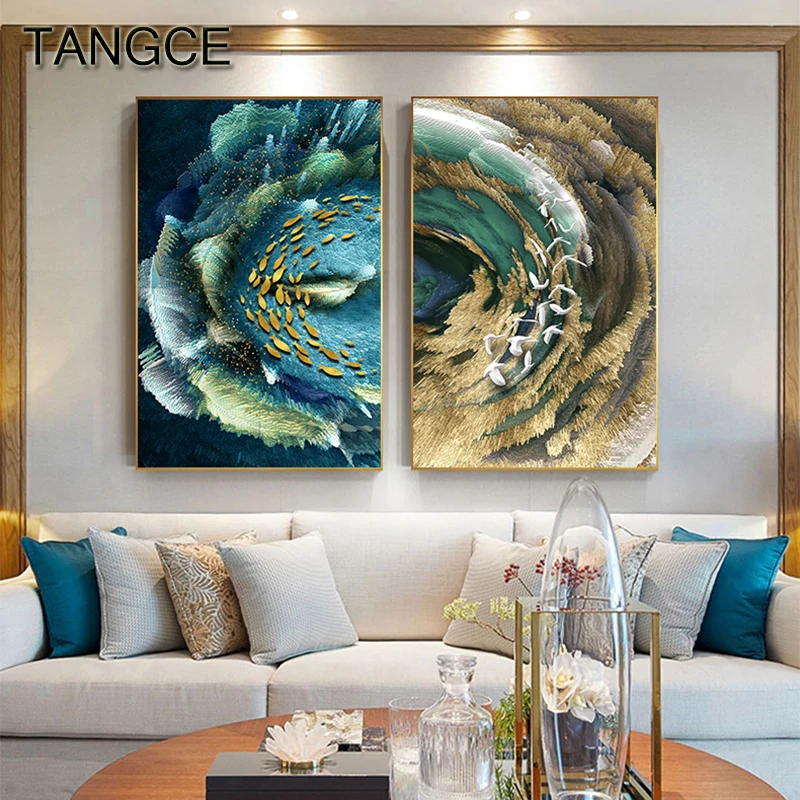 Jabeth Wilson veld Edele Abstract Canvas Schilderij Gouden Veer Poster Muur Schilderijen Blauw Groen  Wall Art Foto Voor Woonkamer Mode Tableaux Decor - AliExpress