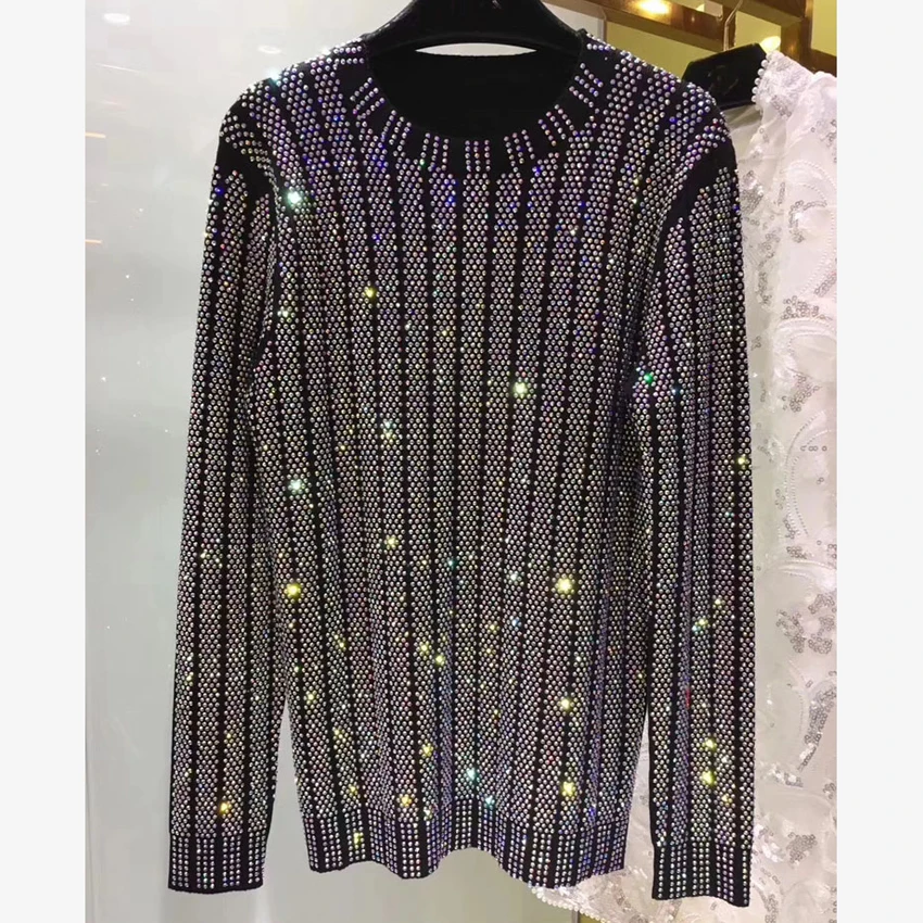 HIGH QUALITY New Fashion 2018 Designer Sweater Women's Long Sleeve Luxurious Diamonds Beaded Pullover Sweater