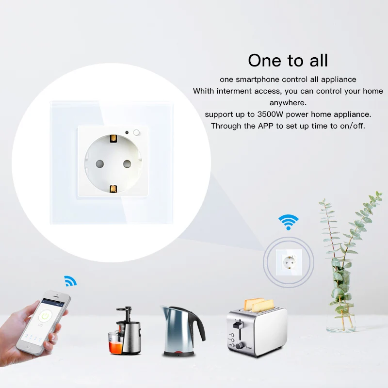 EU WiFi Smart Wall Socket 16A Outlet Glass Panel Gemany Smart Life/Tuya Remote Control Works with Amazon Echo Alexa Google Home