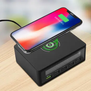 

6-in-1 Multiple Phone QC 3.0 Charging Station 5 USB Ports and 10W QI Wireless Fast Charger with Voltage Current Display For Sams