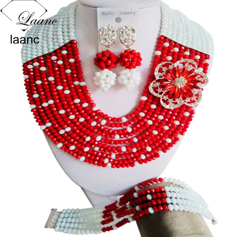 

Laanc Costume African Jewelry Set 2017 White and Opaque Red Crystal Beaded Nigerian Wedding Beads C10SZ030