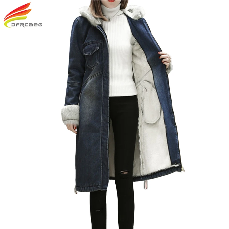 Plus Size XL- 5XL Winter Jacket Women Hooded Long Denim Jackets With Double Pockets Warm Velvet Coat Woman Jean Outwear Plus Size XL- 5XL Winter Jacket Women Hooded Long Denim Jackets With Double Pockets Warm Velvet Coat Woman Jean Outwear