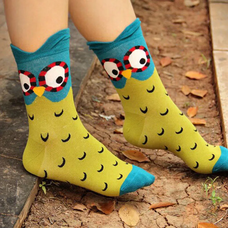 Носки хлопковые с забавным для женщин Милые 3d принт мультфильм сова носки до щиколотки S чулочно-носочные изделия 5 цветов