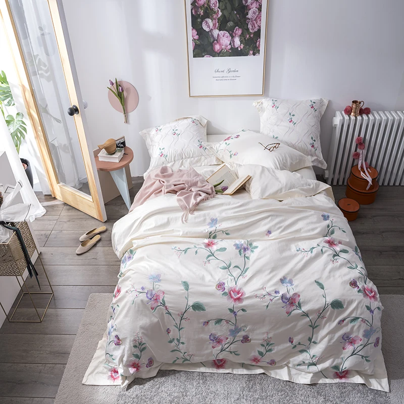 

IvaRose White Pink Blue Princess Bedding Sets Queen King Size Bed Sheet Linen Floral Embroidery Bed set Duvet Cover Pillowcase