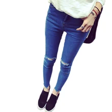 

2018 New Slim Hole Skinny Jeans Blue Bleach Wash Distressed Rock Denim Jeans Women Casual High Waist Button Fly Ripped Pants