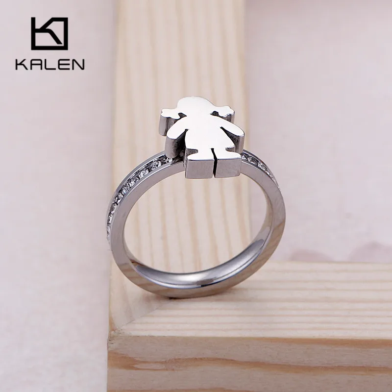 KALEN 2018 New Stainless Steel Silver Girl Charm Rings For Women Rhinestone Cartoon Girl Finger Rings Size 6 7 8 9 Rings Jewelry