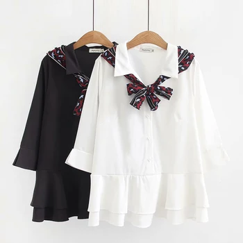 

Plus size bow ruffles black & white women shirts 2019 spring turn-down collar nine quarter sleeves ladies blouse female oversize