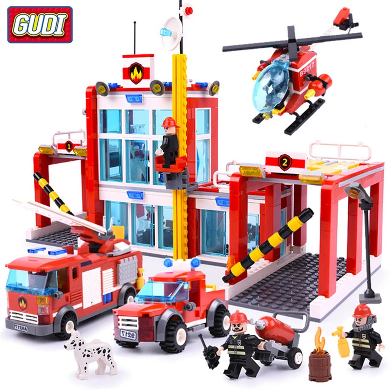 

GUDI City Fire Station Blocks Legoes Bricks Helicopter Fire Truck Building Blocks Sets Models Toys For Children Christmas Gifts