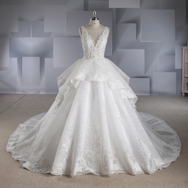 

Rosabridal ball gown Wedding Dress Sleeveless deep V Neck beading Lace Appliques Embroidery Open Back Bridal Gown with tail
