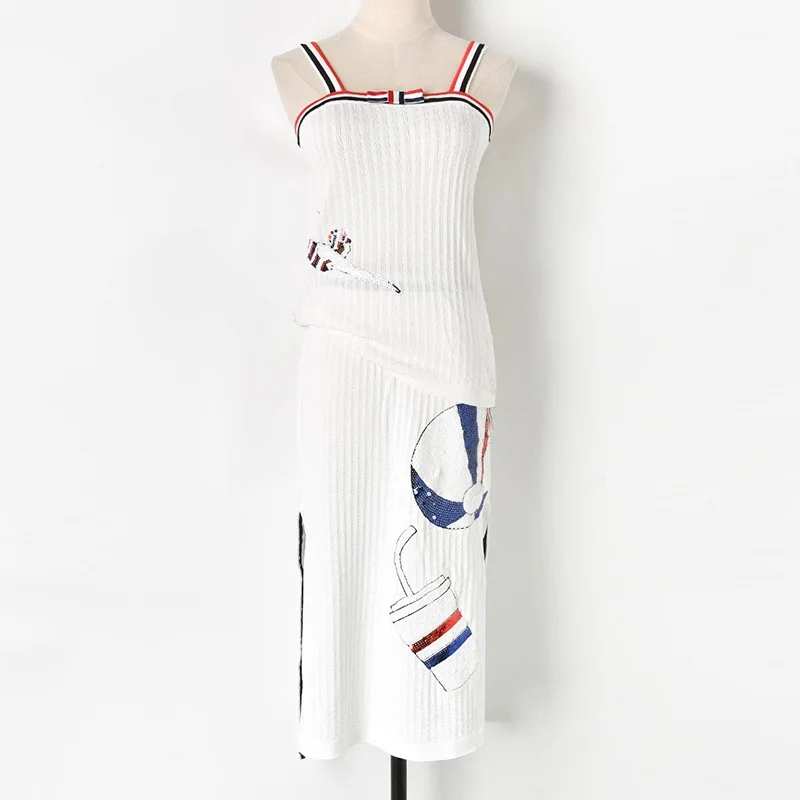 

2019 Summer Fashion 2 Pieces Set Women Striped Spaghetti Strap Sweater Tops +Mid-calf Skirt White Sequins Sets Knitted Suits