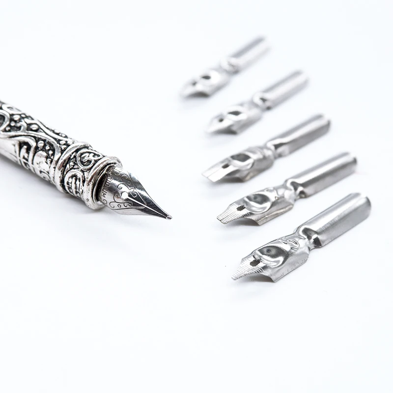 1 Set Feather Fountain Pen Calligraphy Pen Quill Oblique Fountain Luxury Pen Ink +5pcs Nib Metal for Fancy Font Office Supplies