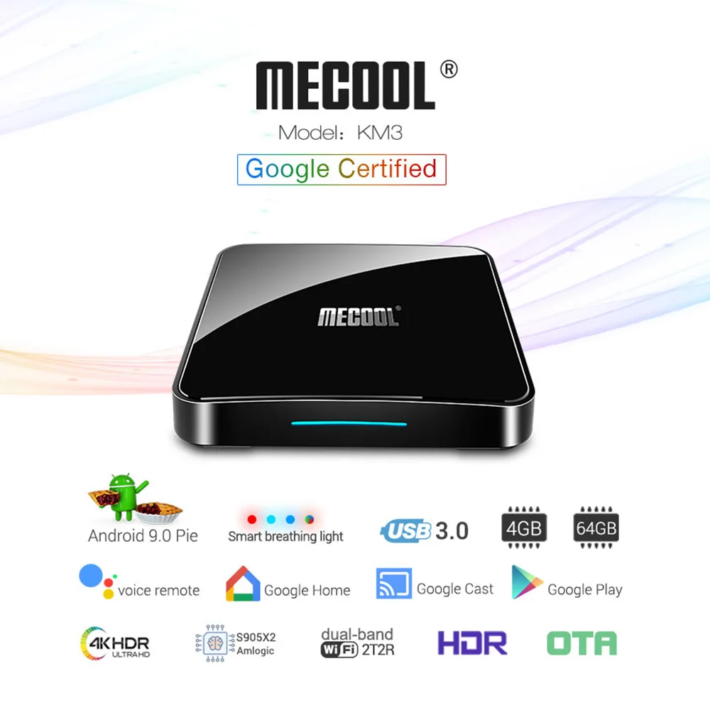 Mecool KM3 ATV جوجل شهادة مربع التلفزيون الذكية الروبوت 9.0 التلفزيون مربع S905x2 مزدوجة واي فاي مع 4 K HDR الروبوت التلفزيون مشغل الوسائط المتدفق