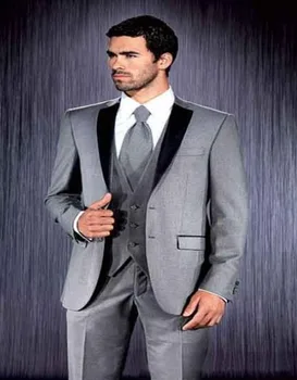 

2017 Custom Made Groom Tuxedos Notch Black Lapel Men's Suit Light Gray Groomsman/Bridegroom Suits (Jacket+Pants+Vest)