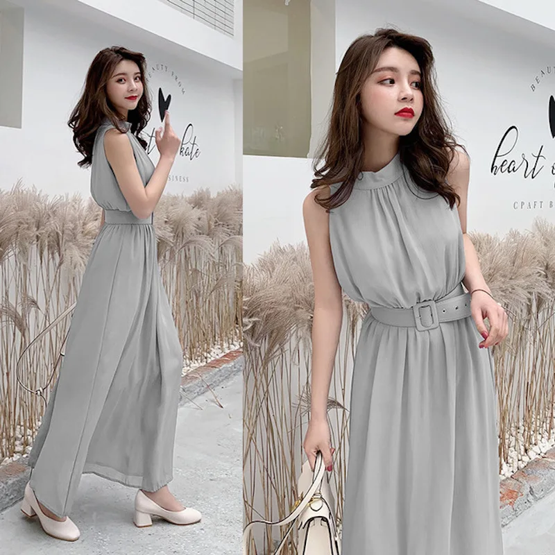 

LFFMHMT 2019 Summer New Arrival Women Korea Style Sleeveless Solid Color High Waist Elegant Silk And Knitting Belt Long Dress