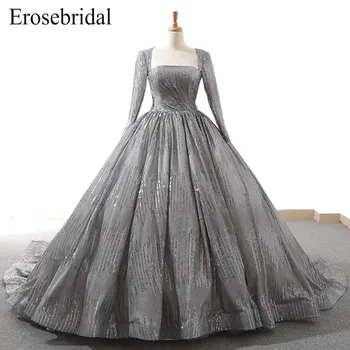 

Evening Dress 2019 Long Sleeve Ball Gown Grey robe de soiree Sequined Material Elegant Strapless Neck Lace Up Back Z6-93052