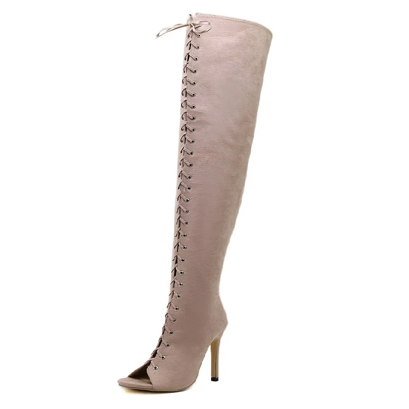 

2018 autumn new women's boots cross straps fine with the street shot over the knee boots beige 0104