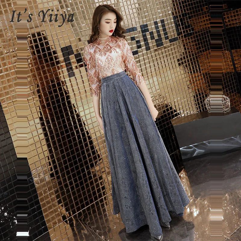 

Prom Dresses Women Party Dresses Sequines O-neck Long Half Sleeve Robe De Soiree Plus Size Sexy Slim Evening Dresses 2019 E472