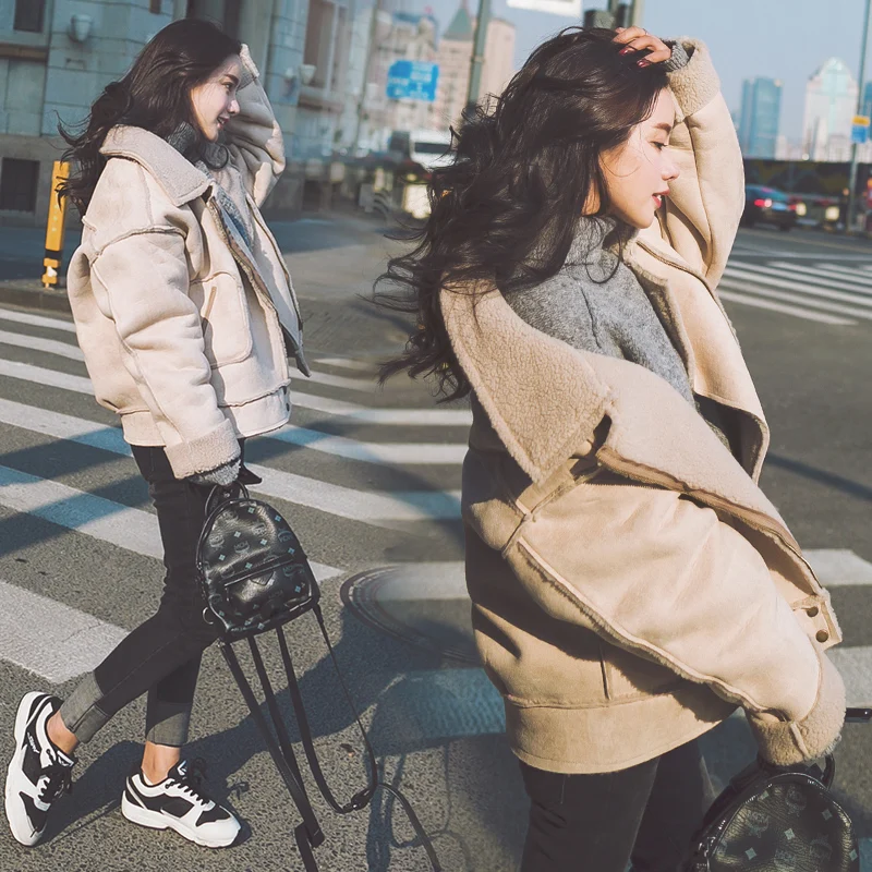 

lamb wool short coat women winter autumn plus size loose beige/orange faux fur leather suede parka bomber jacket coat 2018