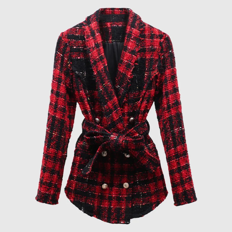 US $114.00 NEW 2020 Luxury Woman Fashion Red Black checked tweed Doublebreasted blazer Gold Button up With Belt Frayed hem