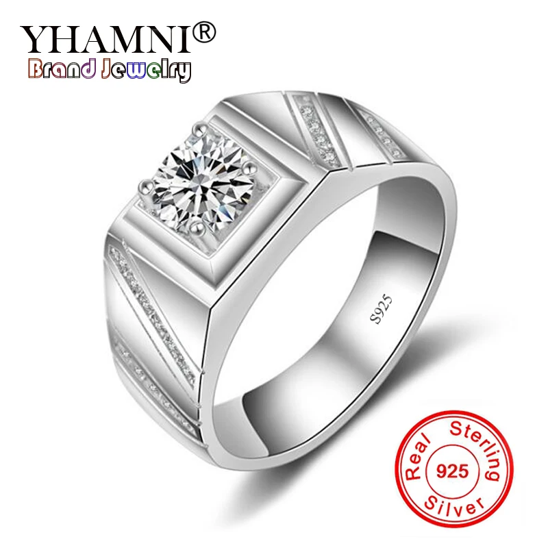 

YHAMNI Original Real 925 Sterling Silver Ring Luxury 1 Ct 6mm CZ Zircon Wedding Engagement Ring Jewelry For Man XMJZ006
