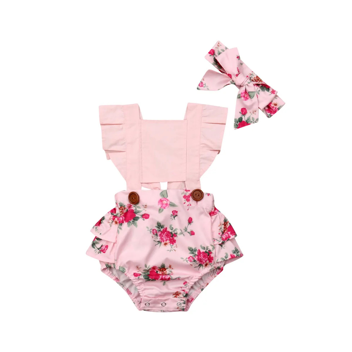 

2PCS/Set Cute Newborn Baby Girl Ruffles Sleeve Hollow Out Patchwork Floral Bodysuit Jumpsuit Headband 2PCS Summer Clothes
